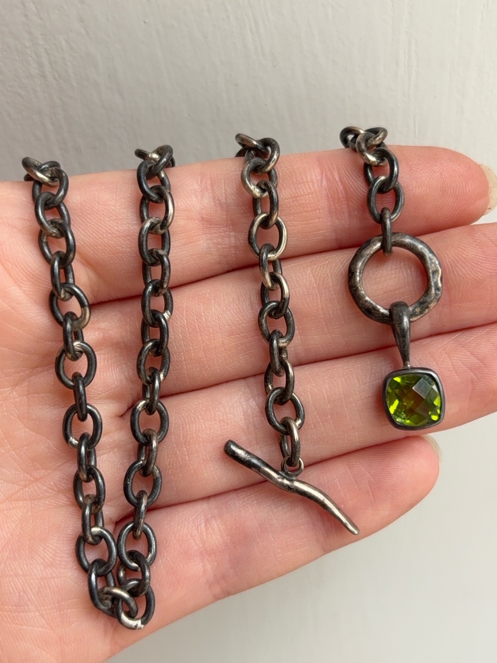 Sterling Silver Heavy Oxidized Toggle Clasp Peridot Gemstone Pendant Necklace